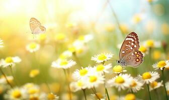 macro schot van levendig geel santolina bloemen temidden van speels vlinders in een weide. ai gegenereerd foto