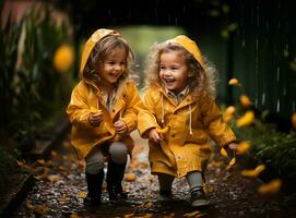 uitbundig kinderen, versierd in helder geel regenjassen en bij elkaar passen regen laarzen, heerlijk plons door plassen gedurende een herfst- stortbui. ai gegenereerd foto