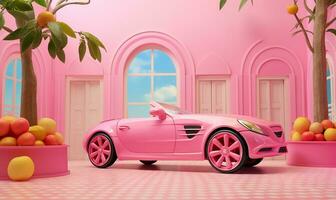 een roze auto speelgoed- gepositioneerd in een instelling dat complementen haar speels natuur. ai gegenereerd foto