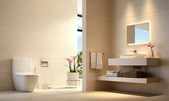 modern luxe aan de muur gehangen toilet kom met een Gesloten stoel en dubbel doorspoelen. ai gegenereerd foto