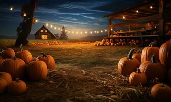 levendig verspreiding van pompoenen uitgestrekt aan de overkant een boerderij gedurende een levendig herfst vallen festival. ai gegenereerd foto