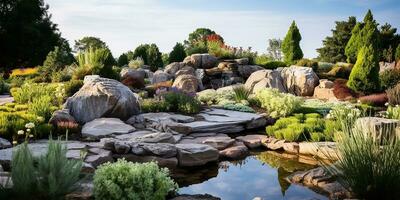 landschap visie van een minutieus ontworpen privaat rots tuin. ai gegenereerd foto