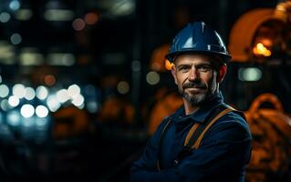 een ijverig industrie onderhoud ingenieur staat hoog, gekleed in zijn professioneel uniform aangevuld door een veiligheid moeilijk hoed. ai gegenereerd foto