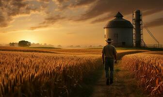 een boer stappen vol vertrouwen door een maïs veld, de vroeg dageraad licht gieten een teder gloed over- de hoog stengels. ai gegenereerd foto