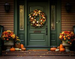 prachtig bewerkte vallen krans sieren een rijk groen voorkant deur, aangevuld door listig herfst bloem pot regelingen genade de stappen. ai gegenereerd foto
