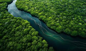 antenne visie van een rivier- delta met weelderig groen vegetatie en kronkelend waterwegen. ai gegenereerd foto