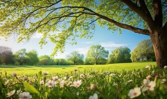 pittoreske voorjaar glade met bloeiend flora en bomen reeks tegen een Doorzichtig blauw lucht. ai gegenereerd foto