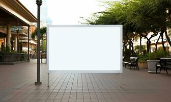 blanco wit mockup uithangbord gepositioneerd in een openbaar boodschappen doen centrum. ai gegenereerd foto