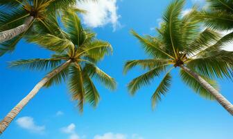 op zoek omhoog Bij palm bomen zwaaiend tegen een briljant blauw lucht. ai gegenereerd foto