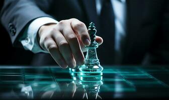 zakenman hand- vakkundig manoeuvreren een schaak stuk Aan een gedetailleerd schaak bord. ai gegenereerd foto