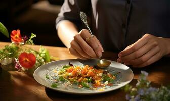 modern voedsel styliste handen kunstzinnig decoreren een maaltijd voor presentatie in een hoogwaardig restaurant. ai gegenereerd foto