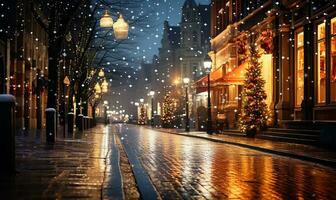 stad straat ondergedompeld in de betoverend gloed van feestelijk lichten Aan een Kerstmis nacht. ai gegenereerd foto