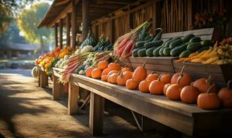 bruisend vallen boeren markt boordevol met een kleurrijk rangschikking van pompoenen en vers herfst- groenten. ai gegenereerd foto