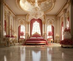 prinses slaapkamer in een Koninklijk huis compleet met luxueus inrichting. ai gegenereerd foto