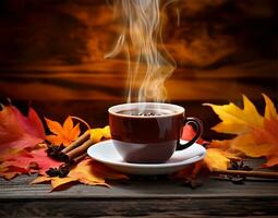 stomen koffie kop reeks tegen een backdrop van trapsgewijs herfst bladeren. ai gegenereerd foto