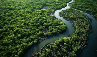 antenne visie van een rivier- delta met weelderig groen vegetatie en kronkelend waterwegen. ai gegenereerd foto