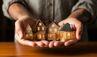 man's hand- subtiel Holding klein houten huizen. ai gegenereerd foto