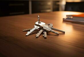 sleutels Aan een tafel in een nieuw appartement of eigen huis. ai gegenereerd foto