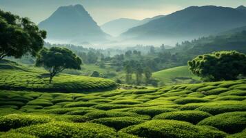 oude thee tuinen van Yunnan provincie, waar pu-erh thee bomen gedijen. weelderig groen en sereen sfeer van deze thee producerend regio. landschap, plantage thee oogst. achtergrond ai gegenereerd foto