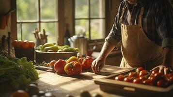 geschoold boer huisvester Mens sorteert vers geoogst groenten en groen in rustiek keuken. tomaten, sla zijn verspreiding uit Aan houten tafel. landbouw, landbouw, biologisch eco voedsel ai gegenereerd foto