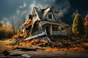 gedeeltelijk vernietigd huis na een tornado. een huis in ruïnes en in puin. een natuurlijk ramp. de storm en orkaan vernield de huis. in blauw geel kleuren. voor poster, spandoek. ai gegenereerd foto