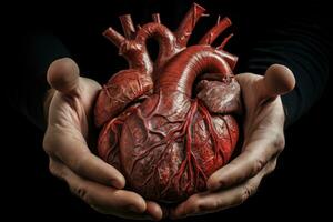 detailopname van een menselijk hart gehouden in mannetje handen, tonen ingewikkeld details. realistisch afbeelding van een levensreddende orgaan. perfect voor medisch of gezondheidsgerelateerd ontwerpen, leerzaam materialen. ai gegenereerd foto