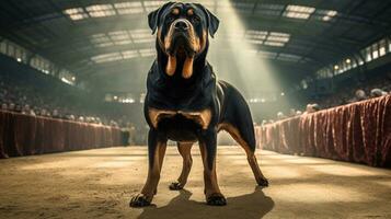 een stamboom rasecht rottweiler hond Bij een tentoonstelling van rasecht honden. hond show. dier tentoonstelling. wedstrijd voor de meest rasecht hond. winnaar, eerste plaats, hoofd prijs. ai gegenereerd foto