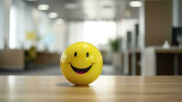 een geel glimlachen bal kan promoten een positief werk omgeving. generatief ai foto