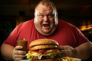 dik Mens aan het eten hamburgers. generatief ai. foto