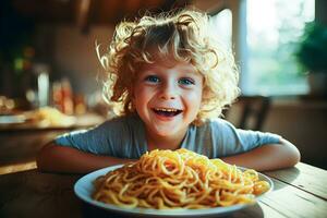 gelukkig kind aan het eten vers gekookt Gezondheid maaltijd met noedels. generatief ai. foto