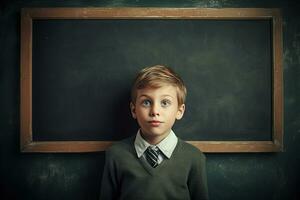 schattig jongen met schoolbord achtergrond. generatief ai. foto