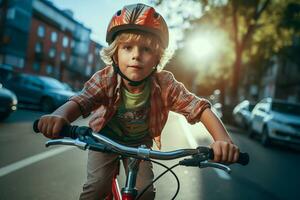 kind jongen ritten een fiets. generatief ai. foto