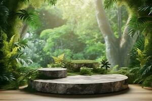 3d renderen steen Product Scherm podium voor Product met groen natuur tuin achtergrond ai gegenereerd foto