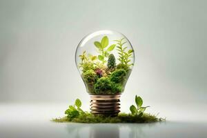 eco vriendelijk gloeilamp met planten wit achtergrond ai gegenereerd foto