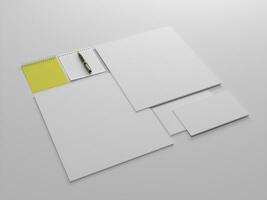 3d geven twee wit papier stationair reeks voor mockup sjabloon met wit achtergrond kant visie foto