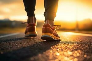 persoon voeten met rennen schoen Aan een sport ras spoor, generatief ai foto