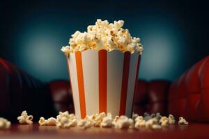 dichtbij omhoog Aan een rood en wit gestreept popcorn kop in een film theater. generatief ai foto