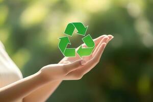 recycle symbool Aan hand- en tas, duurzame en eco milieu concept. generatief ai foto