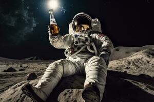 astronaut zittend Aan de maan drinken bier, ik generatief ai foto