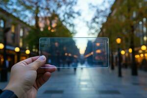 hand- Holding virtueel, transparant bedrijf kaart. generatief ai foto