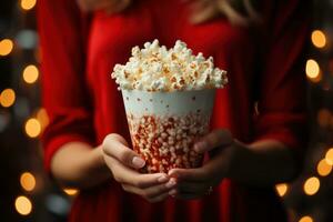 dichtbij omhoog Aan een rood en wit gestreept popcorn kop in een film theater. generatief ai foto