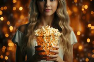 dichtbij omhoog Aan een rood en wit gestreept popcorn kop in een film theater. generatief ai foto