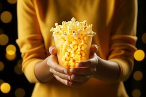 dichtbij omhoog Aan een rood en wit gestreept popcorn kop in een film theater. generatief ai foto