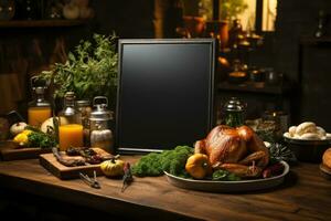 blanco menu bord Aan houten top tafel met wazig van koffie winkel achtergrond. generatief ai foto