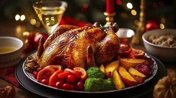 sappig en smakelijk gebraden kalkoen Aan een bord met Kerstmis decoraties. geroosterd kip met groenten, gebraden kip partij, allemaal soorten van voedsel, bier. ai generatief foto