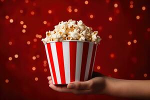 dichtbij omhoog Aan een rood en wit gestreept popcorn kop in een film theater. generatief ai foto