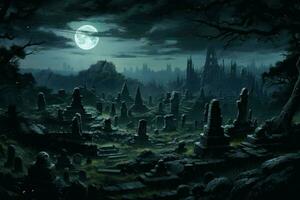 schimmig oude begraafplaats nacht. genereren ai foto