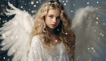 onschuldig jong meisje met lang blond haar- met engel vleugel ai generatief foto
