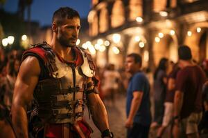 een straat performer gekleed net zo een Romeins gladiator een foto van een loper sprinten door een stad park ai generatief