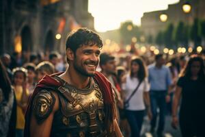 een straat performer gekleed net zo een Romeins gladiator een foto van een loper sprinten door een stad park ai generatief